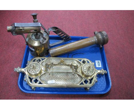 Oldham &amp; Son Miners Torch, Manchester type T.D.I., Bladon paraffin blow lamp, brass desk standish. (3)