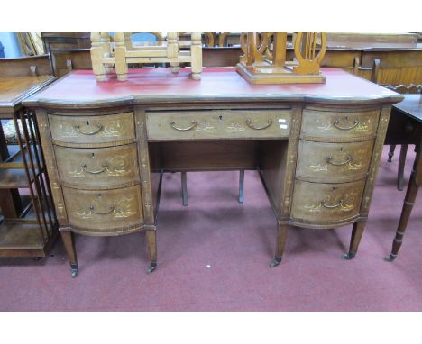 Edwardian Mahogany Twin Pedestal Desk, with extensive scroll and floral inlay to bow fronted end drawers and central drawer, 