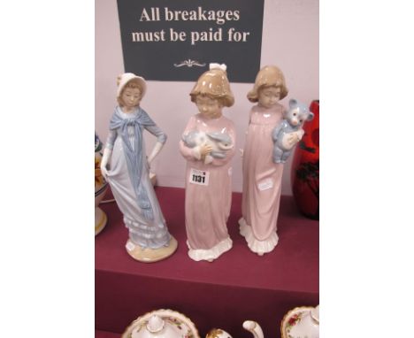Nao Figurines - Pink Dressed Girl Holding Teddy, (repaired), girl holding rabbit A-14, 32cm high and lady wearing bonnet. (3)