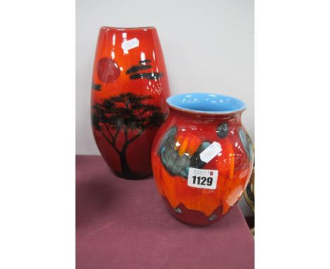 Poole Pottery Ovoid Vase, featuring Tree at Sunset, 24.5cm high, another in more traditional colours, 16cm high. (2)