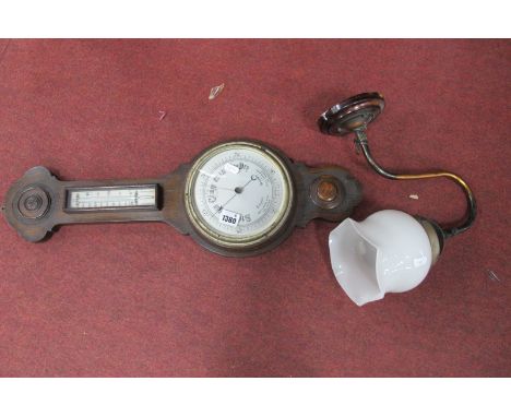 Early XX Century Oak Wall Barometer, having thermometer to neck, gas wall light having opaque glass shade. (2)