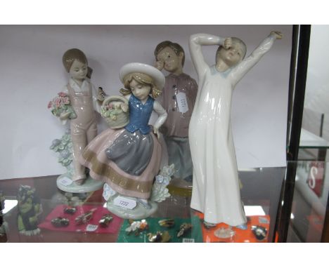 Lladro Flower Seller Figurines (2), the tallest 18cm, two Nao Tired Children. (4)