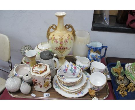 Mason's Brown Velvet Hexagonal Jar and Cover, Maling Ringston's teapot, Poole posy bowl, Crown Devon 'Etna twin handled ewer,