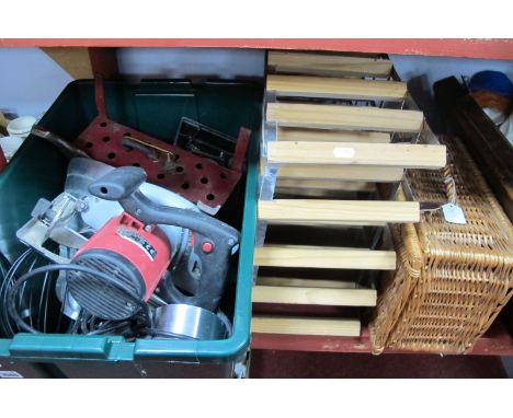 Vintage Tools, including saw, plane, etc, an enamel electric fire, (untested; sold for parts only) a vintage wine rack and a 