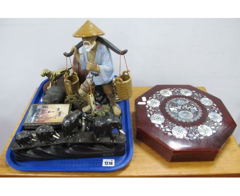 Thomas Blakemore Bookends, featuring brass sporting dogs, Chinese figure, Russian box and egg:- One Tray. Chinese lacquered o
