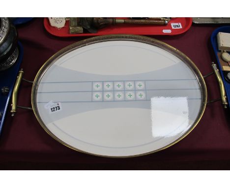 An Early 1900's W.M.F Oval Butler's Style Tray, with pierced brass gallery and period designed ceramic centre, 50cm overall w