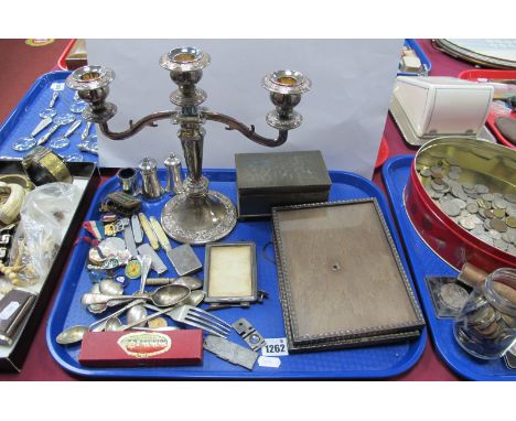 Badges, medallion, pen knives, beaten plated box, candelabra, cutlery, photo frames, etc:- One Tray