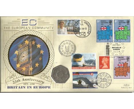 EEC 25th ann Benham Coin FDC PNC C98/16. 1998 cover with GB, Belgium & 2 Railway Letter stamps and postmarks with 50p EEC han