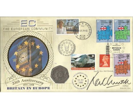 Neil Kinnock EEC 25th ann Benham Coin FDC PNC C98/16. 1998 cover with GB, Belgium & 2 Railway Letter stamps and postmarks wit