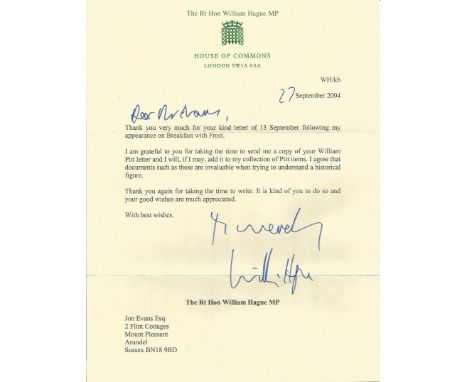 The Rt Hon William Hague signed Typed letter on House of Commons headed paper with envelope. Good Condition. All signed items
