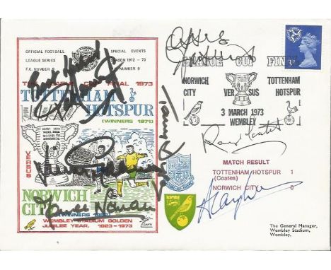Tottenham football multisigned Dawn cover 1973 for match against Norwich. Signed by Ardiles, Jennings, Greaves, Norman, Dyson