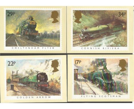 Collection of 5 unsigned PHQ train cards. Includes Royal Scot, Cheltenham Flyer, Flying Scotsman, Cornish Riviera and Golden 