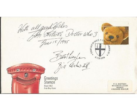 Doctor Who Dads Army actors Jon Pertwee and Bill Pertwee signed 1990 Single stamp Greetings FDC. Good Condition. All signed i