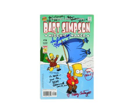 The Simpsons (American Animated Sitcom) - cast signed Bart Simpson comic book 'Mischief Maker' #16 by Bongo Comics. Signed to