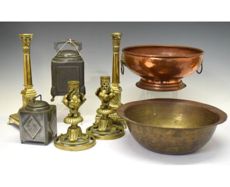 Large copper and brass bowl, together with two pairs of brass candlesticks and two period pewter tea caddies Condition: Some 