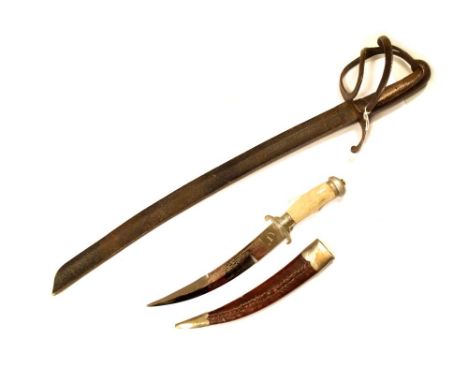 Cutlass formed from a cut-down sword, single edged blade 17", three bar hilt with part wooden grip, together with an Indian d