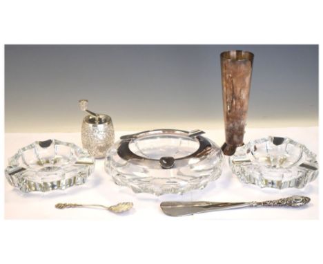 Quantity of white metal items to include three glass ashtrays, the mounts stamped sterling, Asian white metal pepper grinder,