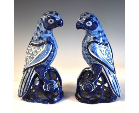 Pair of Continental tin glaze majolica parrots on openwork bases, 24cm high Condition: Ceramics &amp; Glass/Oriental - We end