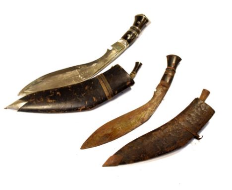 Two Gurkha Kukris, first with 10¼" curved blade marked '8', horn hilt with rib and two metal bands, two rivets and metal pomm
