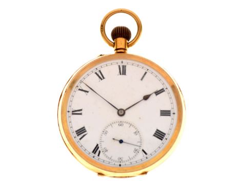 18ct gold open-faced pocket watch, white Roman dial with subsidiary at VI, 86.8g approx Condition: Movement not guaranteed or