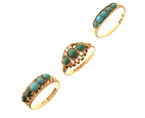 Late Victorian 18ct gold and turquoise five-stone dress ring of circular cabochons bordered by small diamond chips, Chester 1