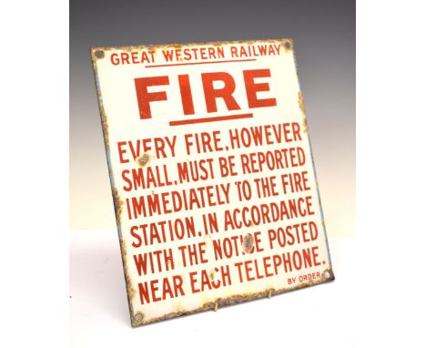 Railway Interest - Enamel Great Western Railway 'Fire' notice sign, 33.5cm x 29cm Condition: Various chips present to the ena