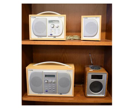 Two Pure radios (Evoke-1 and Evoke-2), together with Pure ST-1 speaker and Ruark audio table top radio Condition: Not guarant