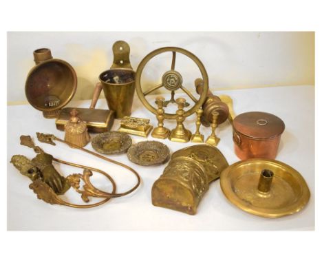 Assorted metal work to include; brass hand letter clip, galleon door knocker, sheet brass spill holder, chafing dish, etc Con