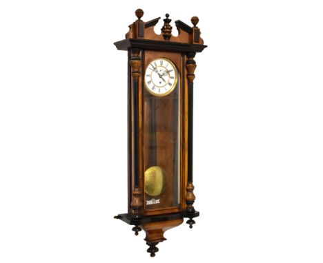 Vienna style single weight wall clock, 110cm high approx overall Condition: One left hand cornice finial loose, wear to eboni