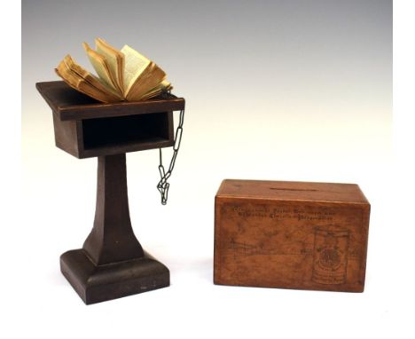 Small International Post Telegraph and Telephone Christian Association wooden money box, together with a miniature leather bo