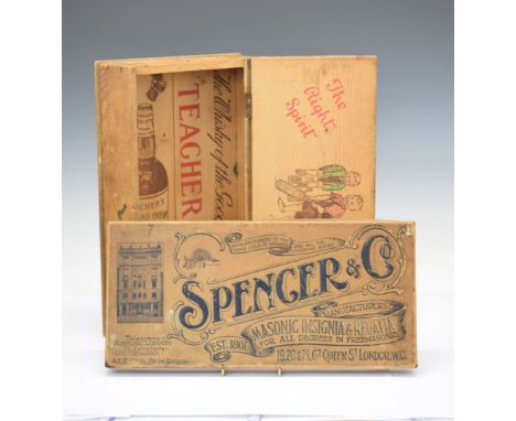Advertising Interest - Teachers Highland Cream Whisky printed pine display box decorated with boys playing cricket, 42cm wide