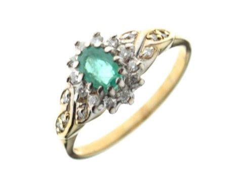 9ct gold, emerald and diamond cluster ring, size P, 2.9g gross approx Condition: **Due to current lockdown conditions, bidder