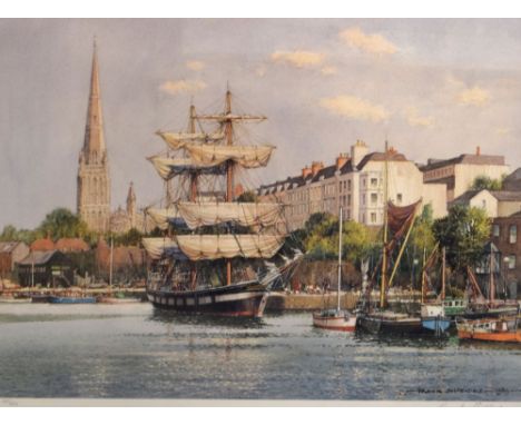 Frank Shipsides - Signed limited edition print - St. Mary Redcliffe, Bristol, the floating harbour, signed in pencil, lower r