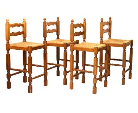 Set of four rush-seated oak breakfast bar stools, each with shaped low ladder back (4) Condition: **Due to current lockdown c