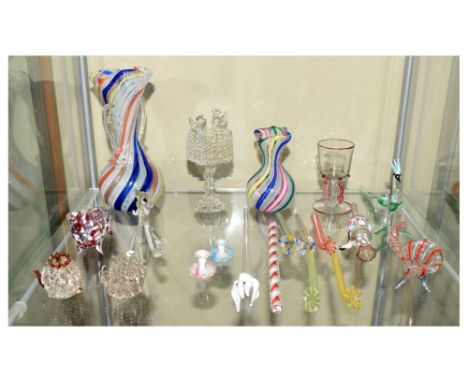 Murano Glass - Latticinio and aventurine decorated twin handled vase, together with a quantity of novelty enamelled goblets e