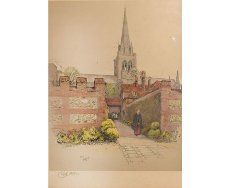 Cecil Aldin print, 39cm x 31cm, together with two P. Cornish black and white engravings, one of Canterbury Abbey, the other O
