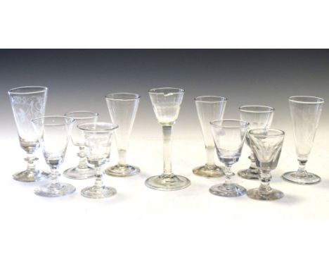 Four 18th Century short stem ale glasses, two with wheel engraving, together with a Georgian wine or cordial glass and six ea