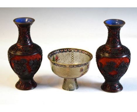 Pair of 20th Century Chinese enamel vases with cinnabar style decoration, together with a Chinese plique a jour pedestal bowl