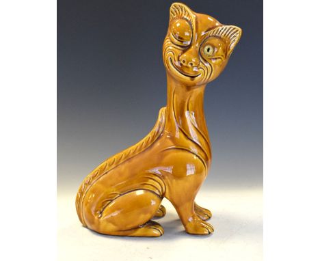 Large early 20th Century art pottery winking cat with glass eye, unmarked, 42cm high Condition: Eye possibly re-glued at some
