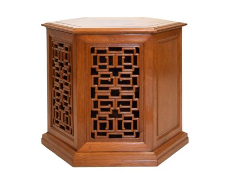 20th Century Chinese teak 'Grasshopper Cage' hexagonal occasional table, 60cm high x 70cm wide Condition: Light scratches and