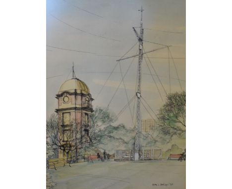 Tom L. Briggs (Modern) - Black and sepia ink - View of the Hong Kong skyline, signed and dated '77 lower right, 33cm x 44.5cm