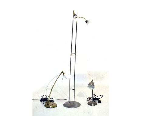 Modern floor standing reading light; together with two desk lamps, 135cm high and smaller Condition: Light scratches, please 