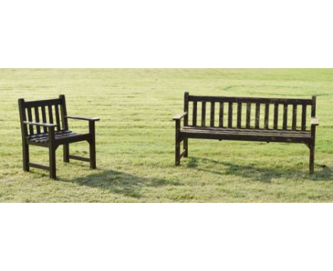 Modern teak garden bench, 159cm wide, together with a matching teak garden seat, 68cm wide (2) Condition: Structurally sound 