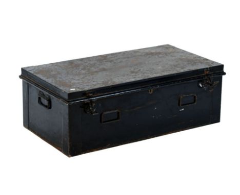 Early to mid 20th Century black painted tin chest/luggage trunk with painted interior, 91cm wide x 50cm deep x 33cm high Cond