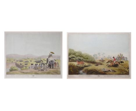 Two early 19th Century Indian hunting prints 'Hunting a Hog Deer' and 'Driving Elephants Into A Keddah', 31cm x 43.5cm, frame