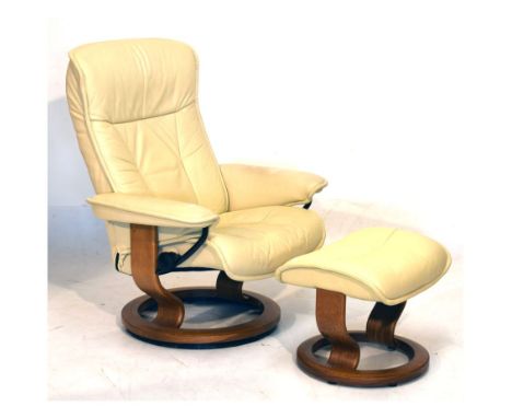 Ekornes 'Stressless' cream leather easy chair and foot stool on ring bases (2) Condition: **Due to current lockdown condition