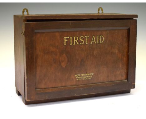 Vintage Boots Pure Drug Co Ltd wooden first aid box, 25.5cm x 36.5cm Condition: Some stains and scratches present across the 