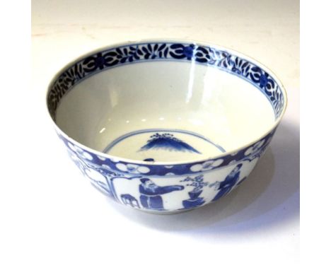 Chinese blue and white porcelain bowl, exterior decorated with alternating panels of landscapes and scholars, four character 