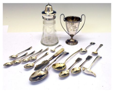 Quantity of silver items to include George V trophy cup, Sheffield 1933 etc, together with a plated Russian style spoon, 360g