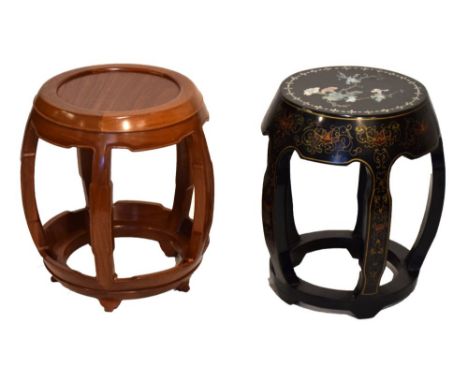 Modern Chinese stool with inlaid mother-of-pearl decoration; together with a teak stool, 47cm high and smaller Condition: Som